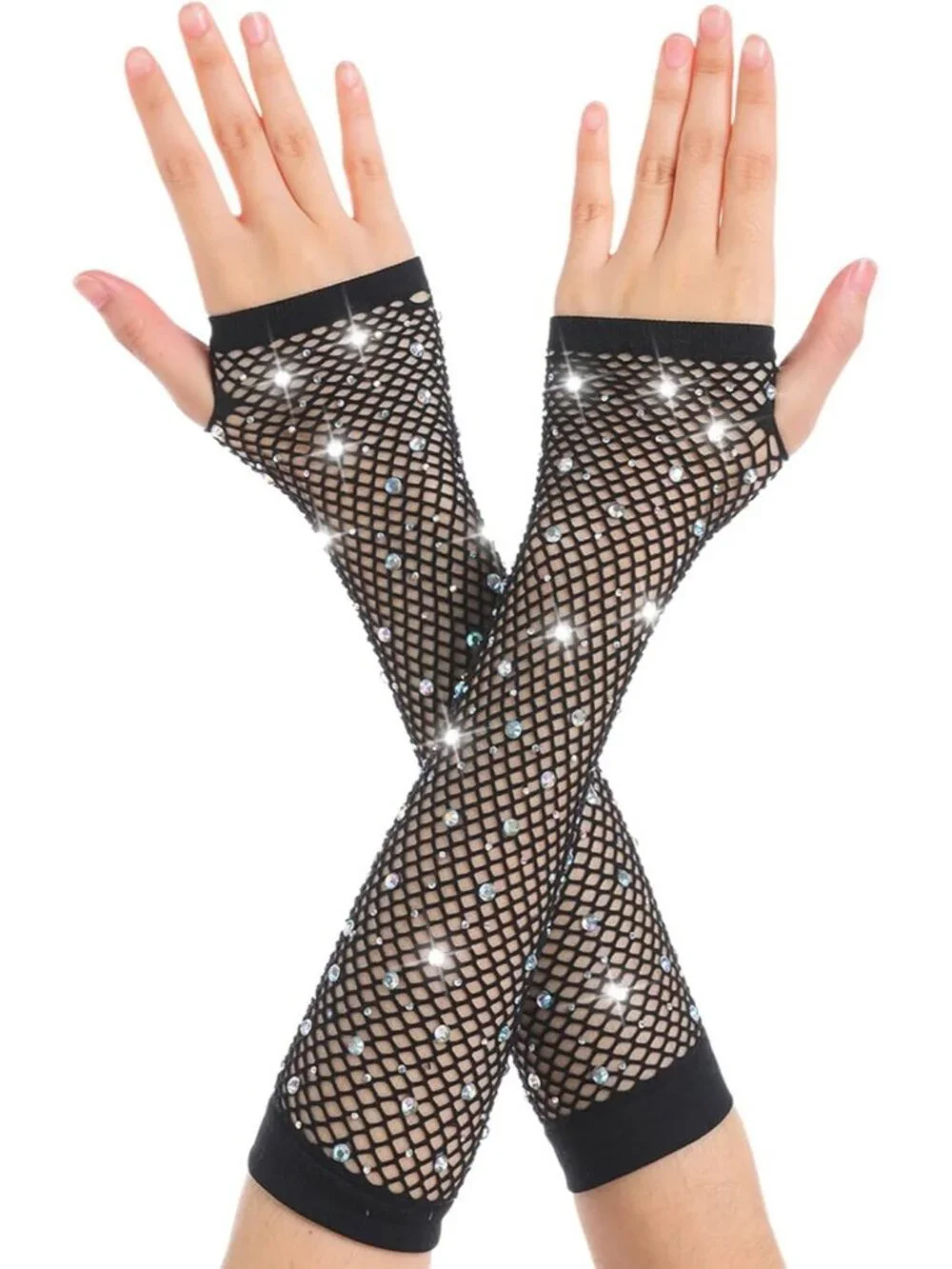 Women's Black Rhinestone Fishnet Fingerless Gloves 80s Emo Scene Arm Cuffs